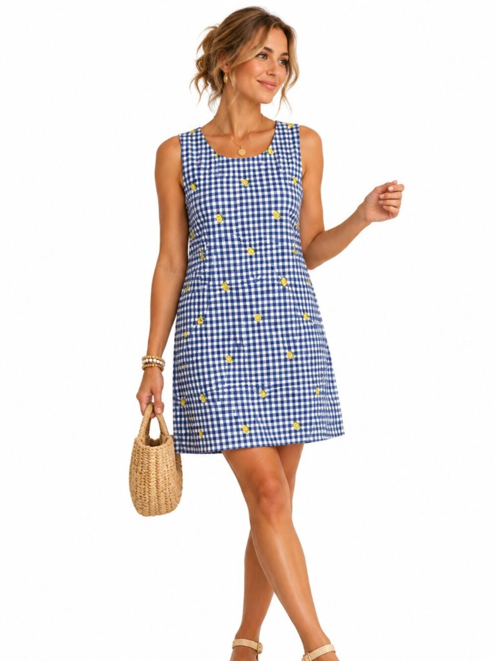Talbots Lemons Gingham Shift Dress Blue White Embroidered Cottagecore Preppy